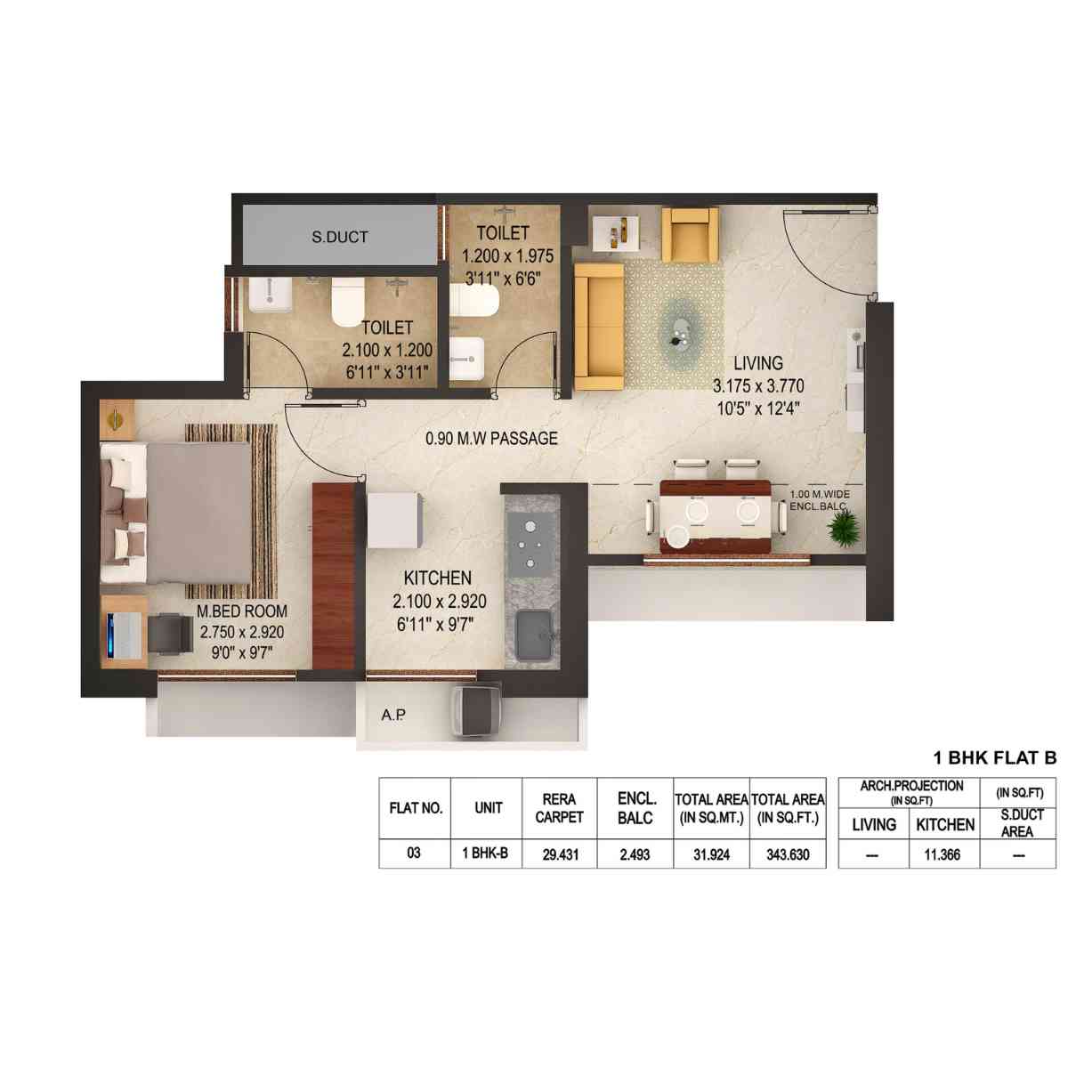 Puraniks-Rumah-Bali-Floor-Plan-1-BHK-Type-B-343-Sqft