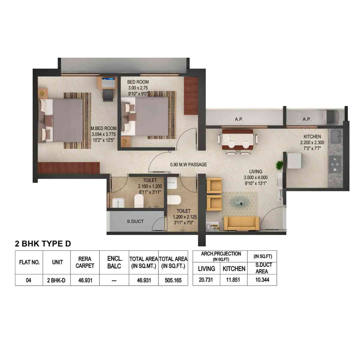 Puraniks-Rumah-Bali-Floor-Plan-2-BHK-Type-D-505-Sqft