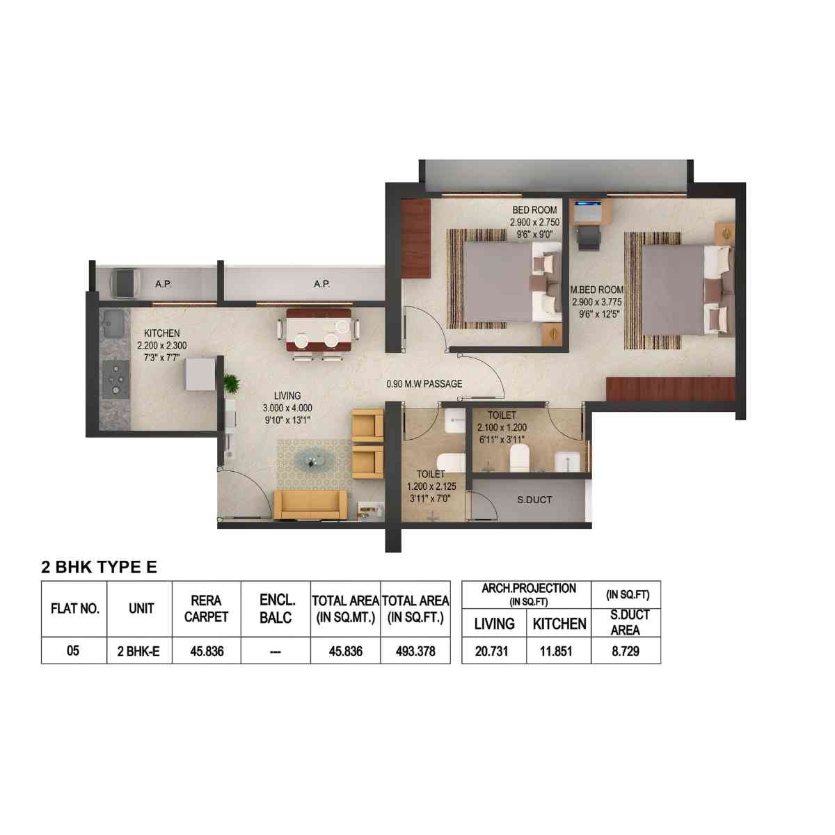 Puraniks-Rumah-Bali-Floor-Plan-2-BHK-Type-E-493-Sqft